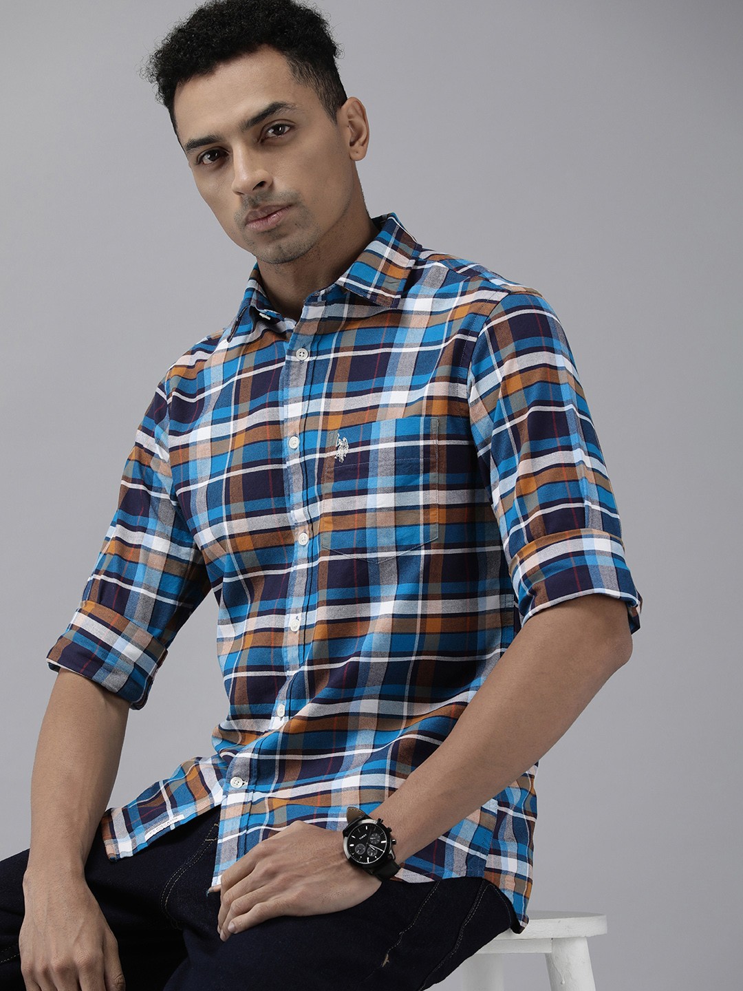 

U.S. Polo Assn. Tailored Fit Checked Pure Cotton Casual Shirt, Blue