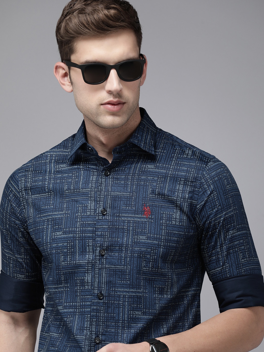 

U.S. Polo Assn. Pure Cotton Tailored Fit Printed Casual Shirt, Navy blue