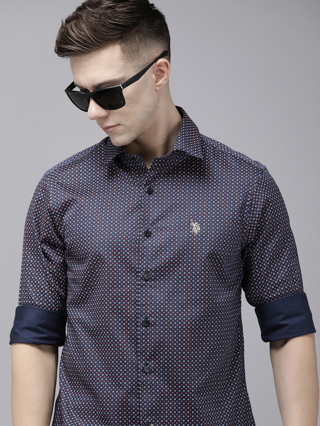 

U.S. Polo Assn. Pure Cotton Tailored Fit Geometric Printed Casual Shirt, Navy blue