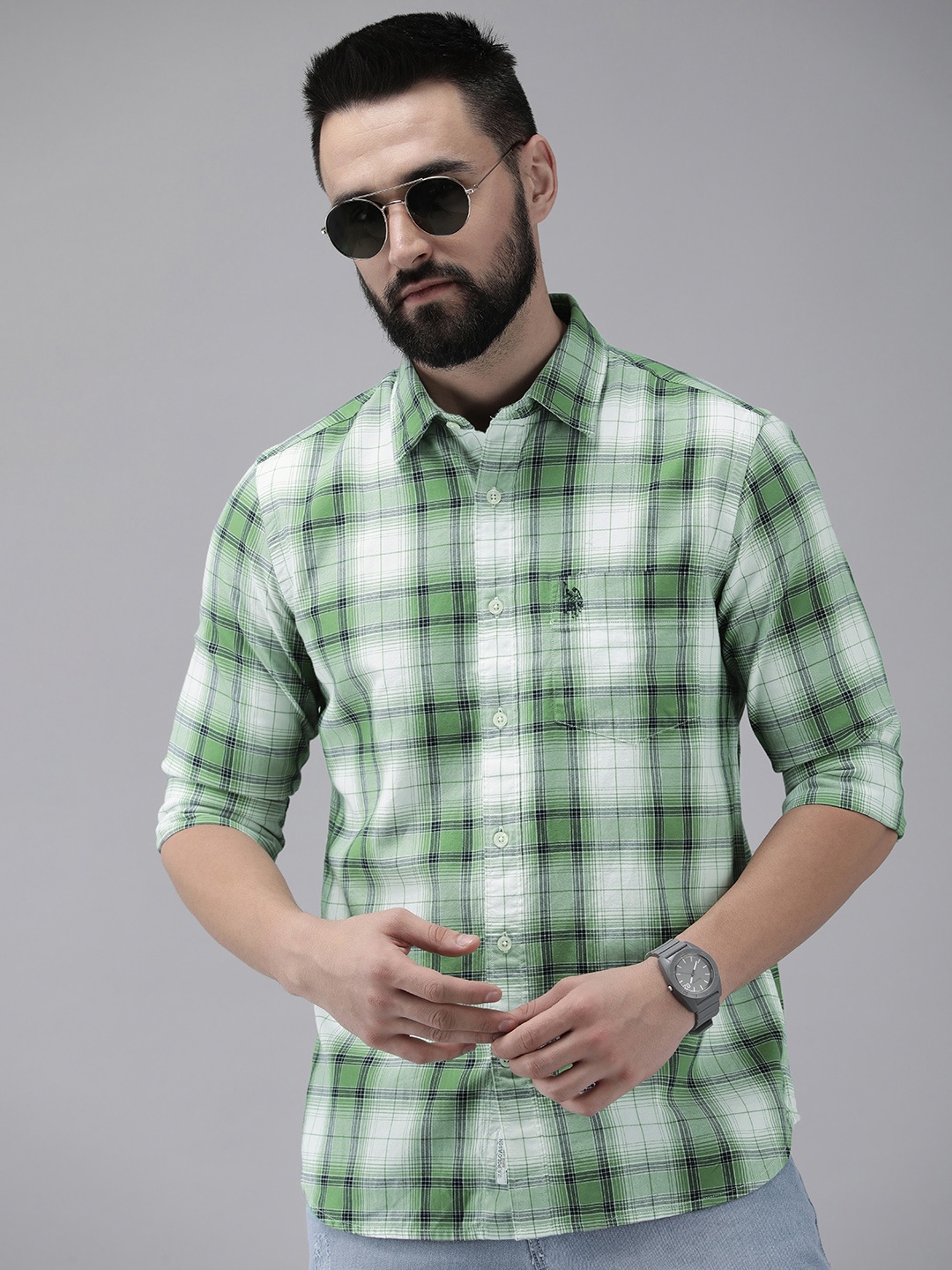 

U.S. Polo Assn. Tailored Fit Checked Pure Cotton Casual Shirt, Green