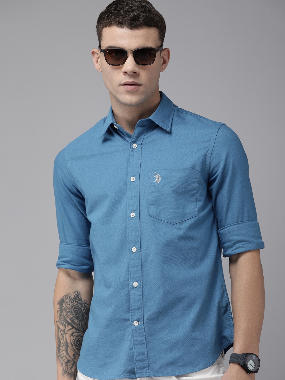 

U.S. Polo Assn. Pure Cotton Solid Spread Collar Tailored Fit Casual Shirt, Blue