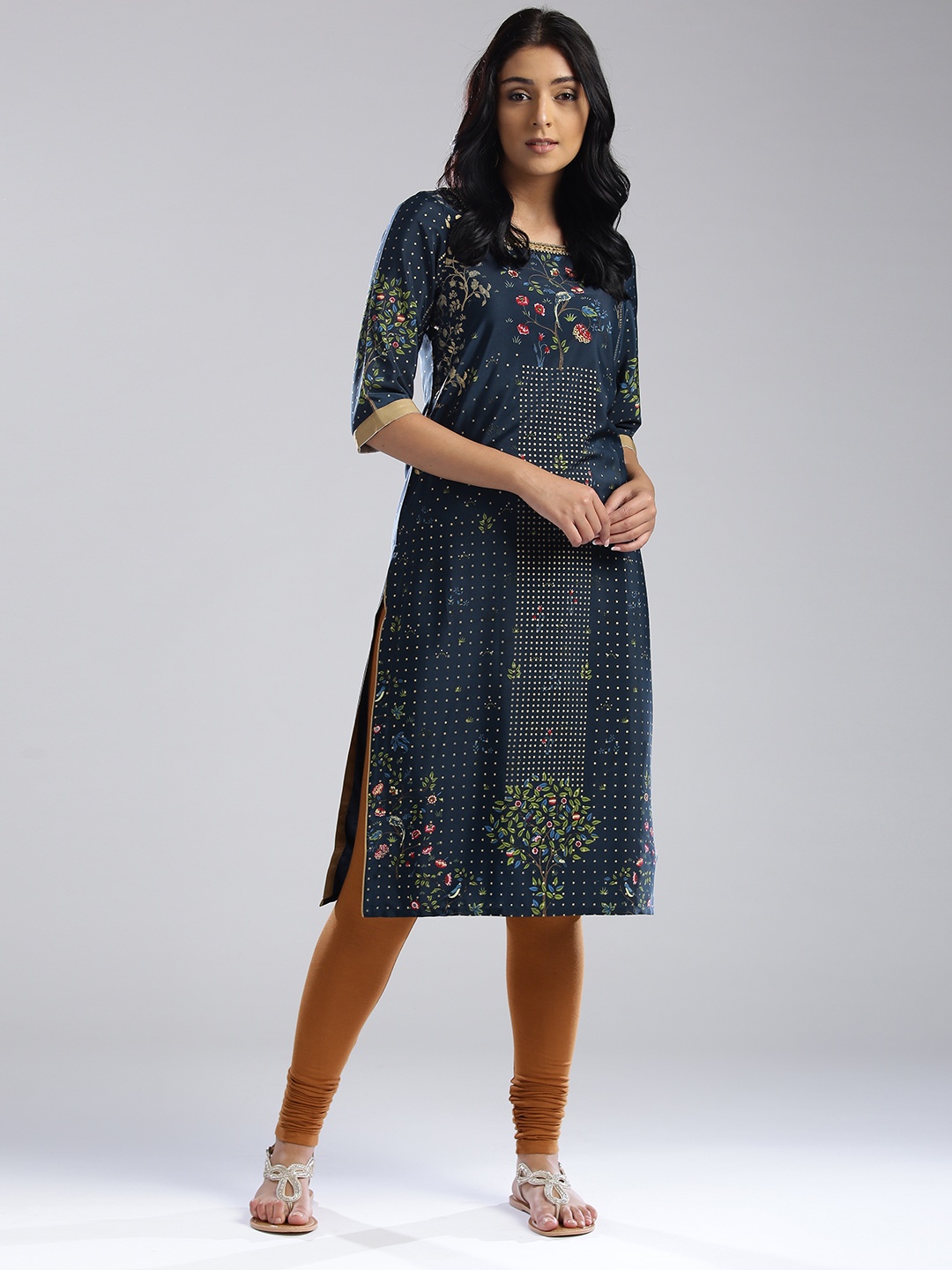 

WISHFUL by W Women Teal Blue Printed Straight Kurta