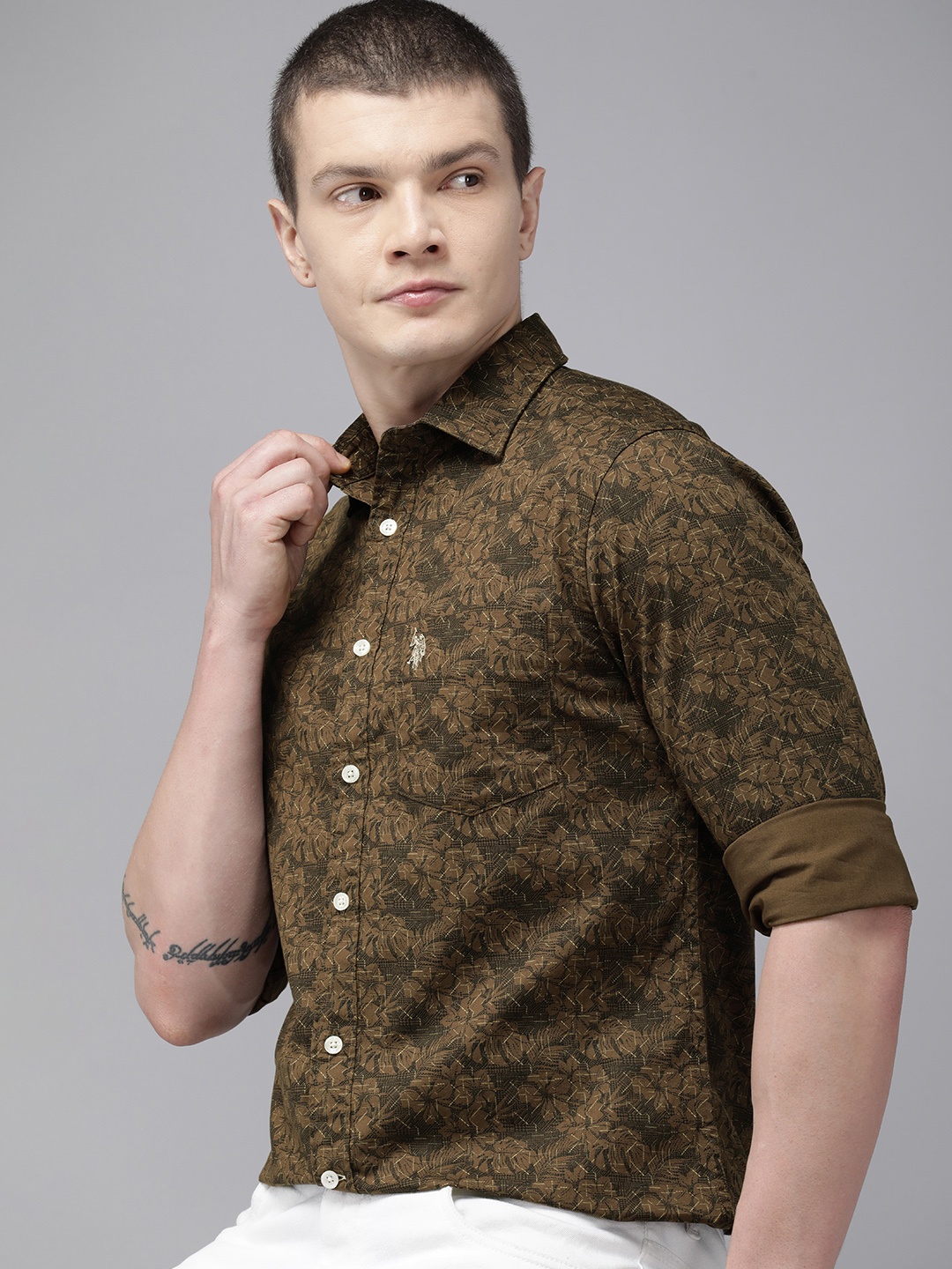 

U.S. Polo Assn. Pure Cotton Tailored Fit Floral Printed Casual Shirt, Brown