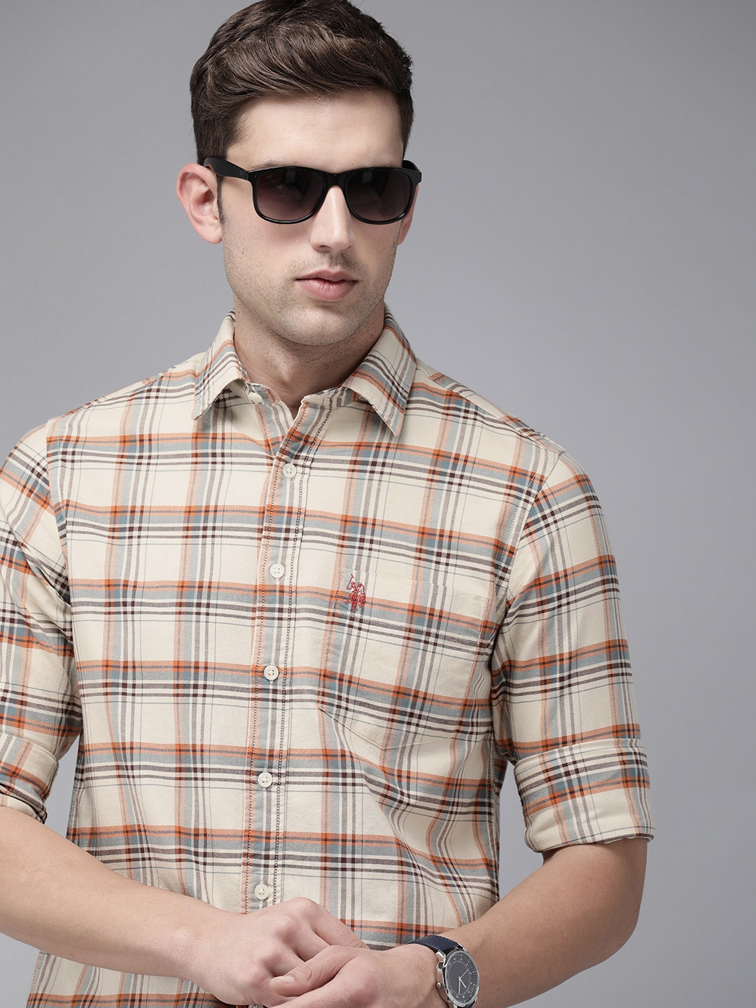 

U.S. Polo Assn. Tailored Fit Pure Cotton Checked Casual Shirt, Beige