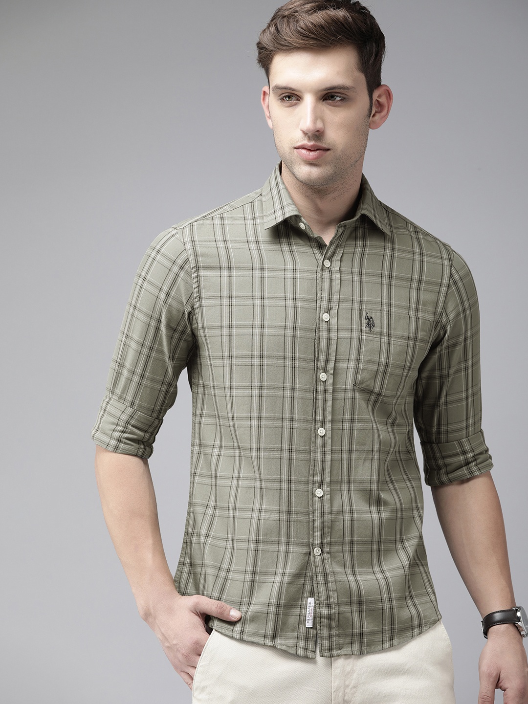 

U.S. Polo Assn. Pure Cotton Tailored Fit Checked Casual Shirt, Olive
