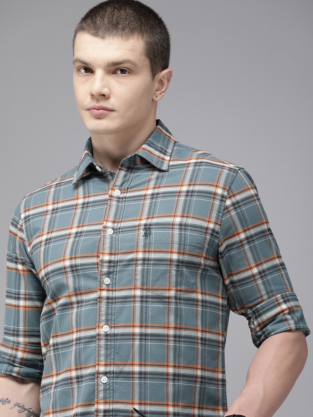 

U.S. Polo Assn. Tailored Fit Checked Pure Cotton Casual Shirt, Teal