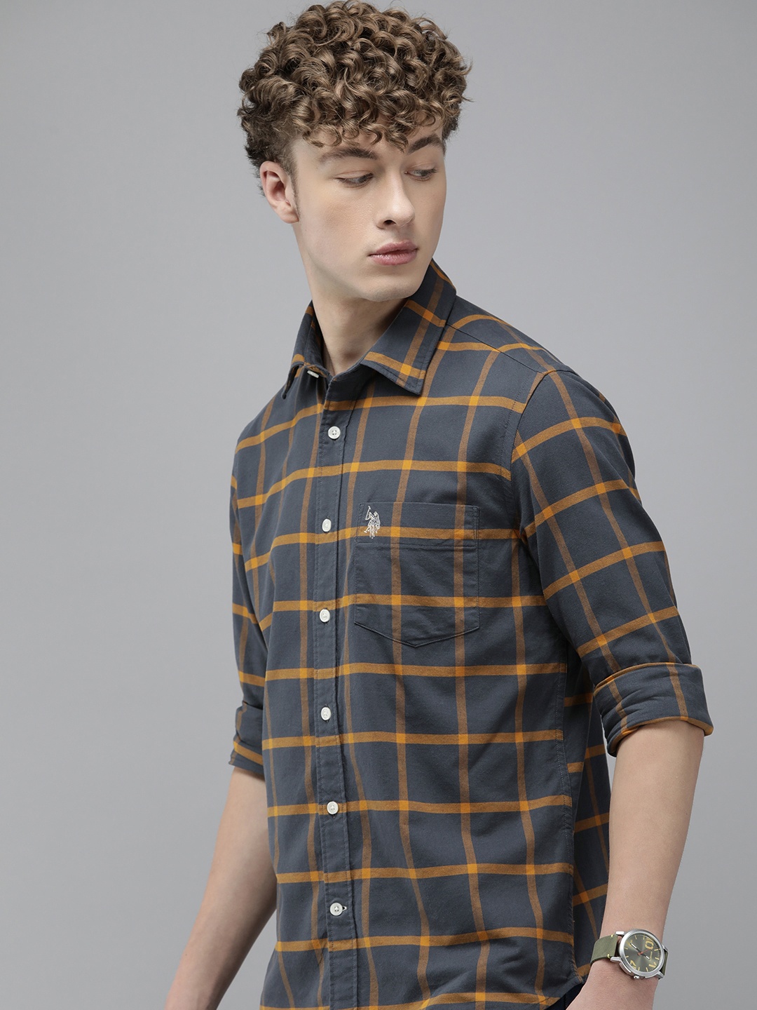 

U.S. Polo Assn. Tailored Fit Windowpane Checks Pure Cotton Casual Shirt, Grey