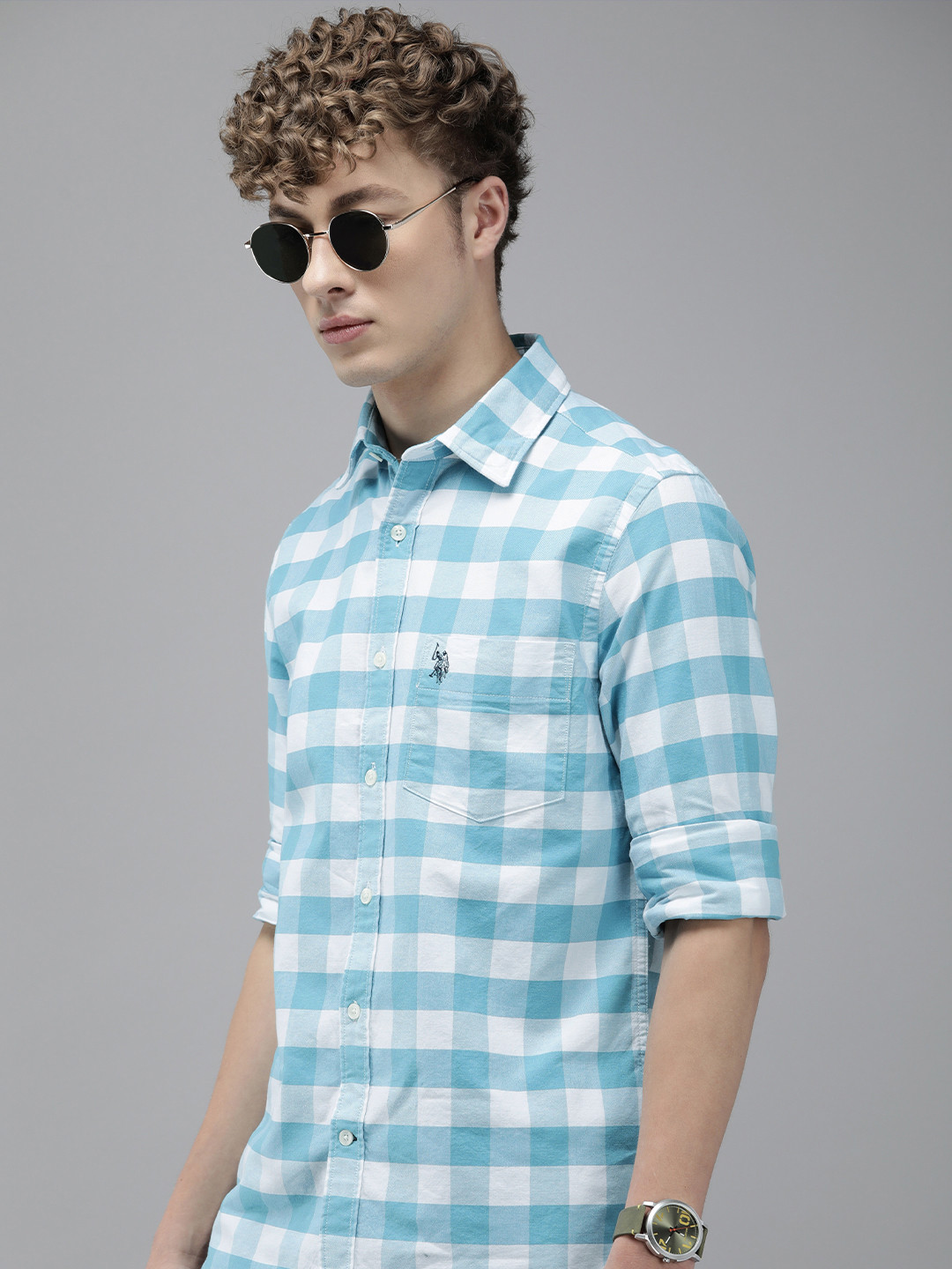 

U.S. Polo Assn. Tailored Fit Buffalo Checks Pure Cotton Casual Shirt, Blue