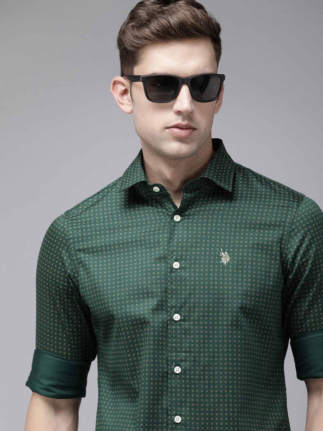 

U.S. Polo Assn. Pure Cotton Tailored Fit Micro Ditsy Printed Casual Shirt, Green