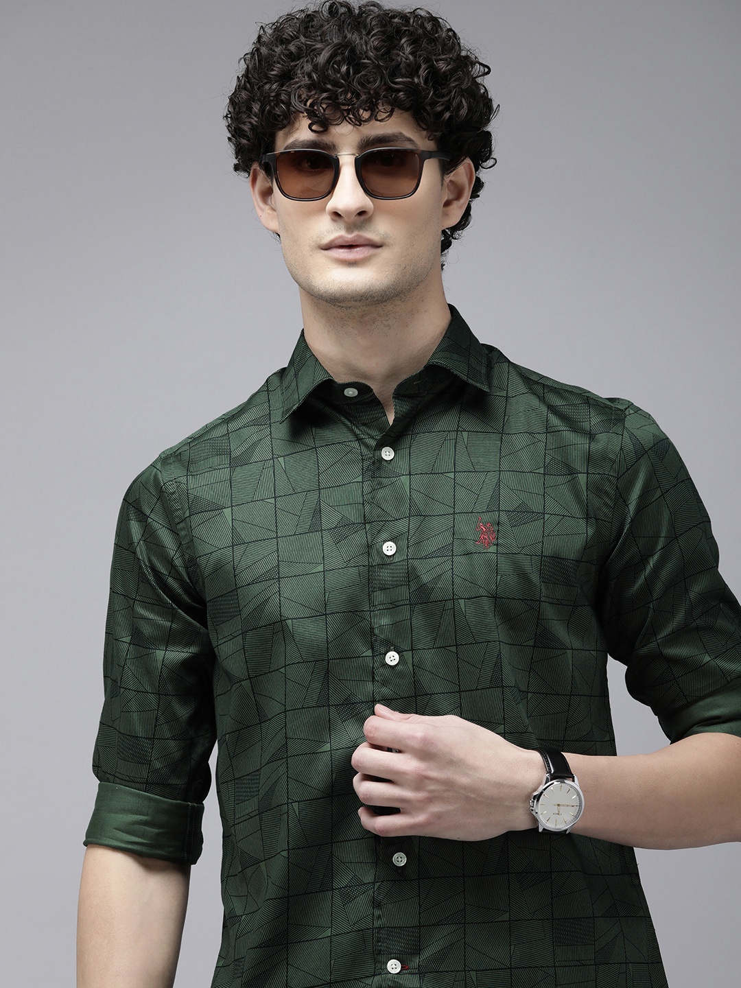 

U.S. Polo Assn. Tailored Fit Printed Pure Cotton Casual Shirt, Green