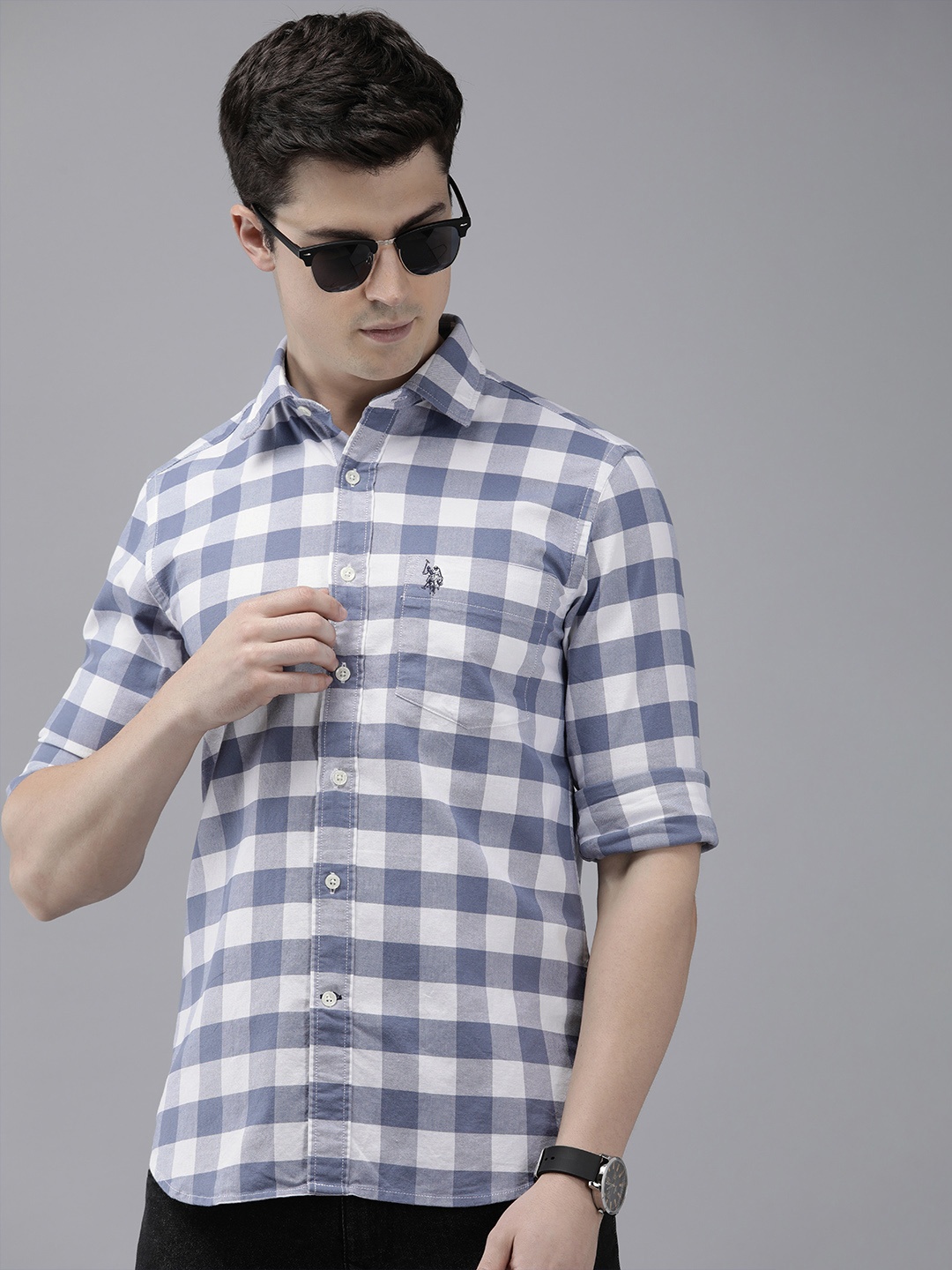 

U.S. Polo Assn. Tailored Fit Checked Pure Cotton Casual Shirt, White