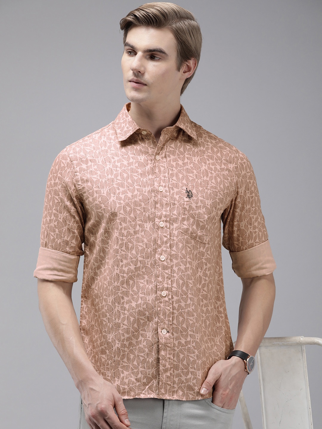 

U.S. Polo Assn. Tailored Fit Abstract Printed Pure Cotton Casual Shirt, Brown