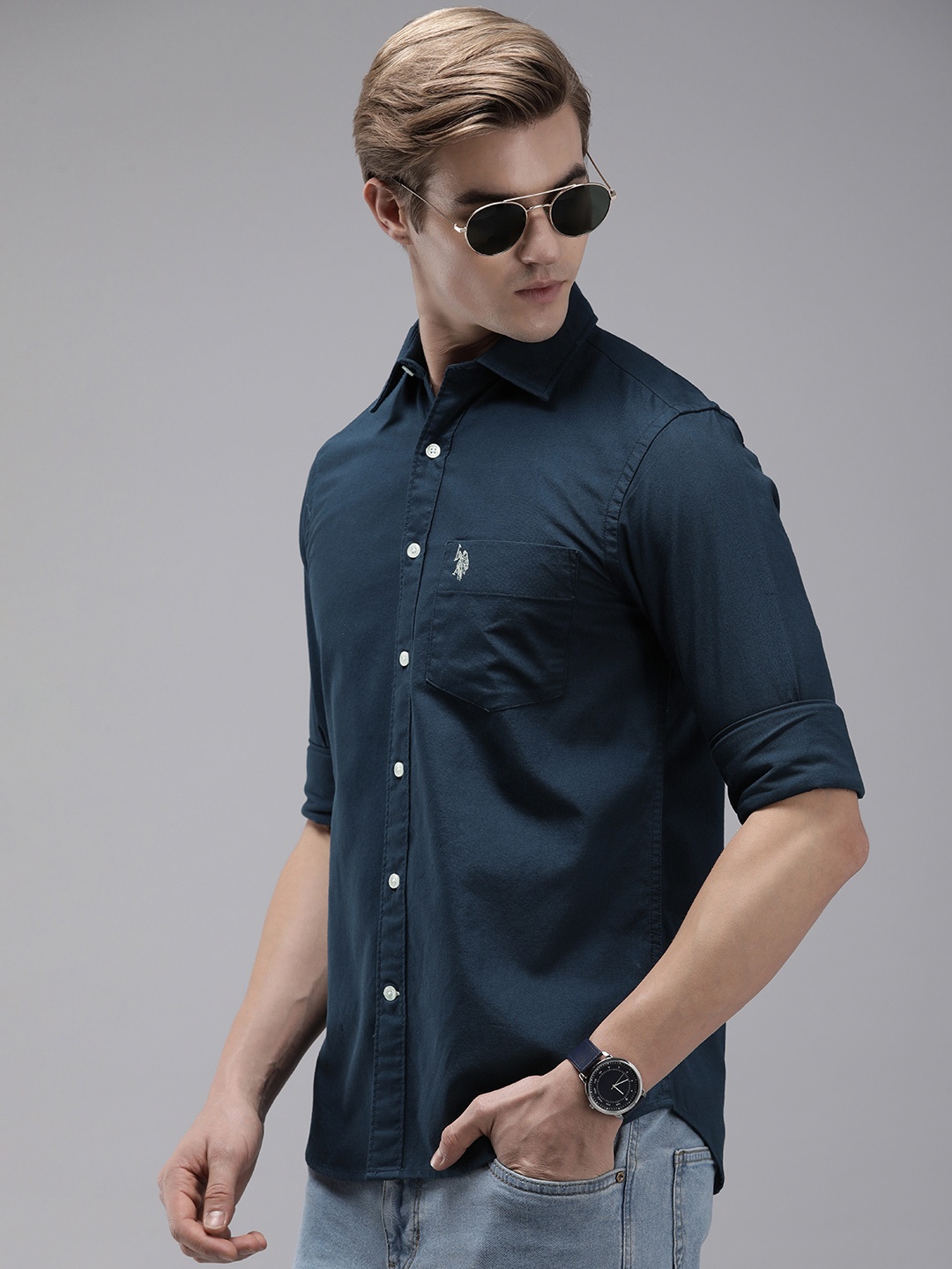 

U.S. Polo Assn. Pure Cotton Tailored Fit Solid Casual Shirt, Navy blue
