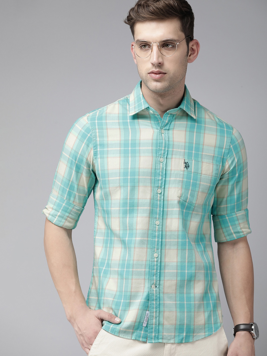 

U.S. Polo Assn. Pure Cotton Tailored Fit Checked Casual Shirt, Blue