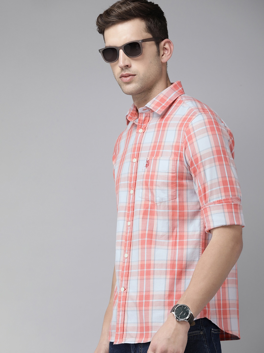 

U.S. Polo Assn. Pure Cotton Tailored Fit Checked Casual Shirt, Peach