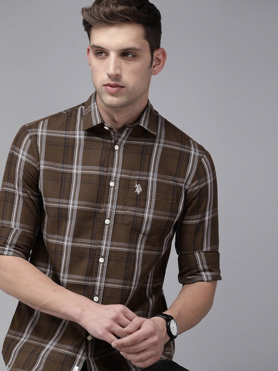 

U.S. Polo Assn. Tailored Fit Checked Pure Cotton Casual Shirt, Brown