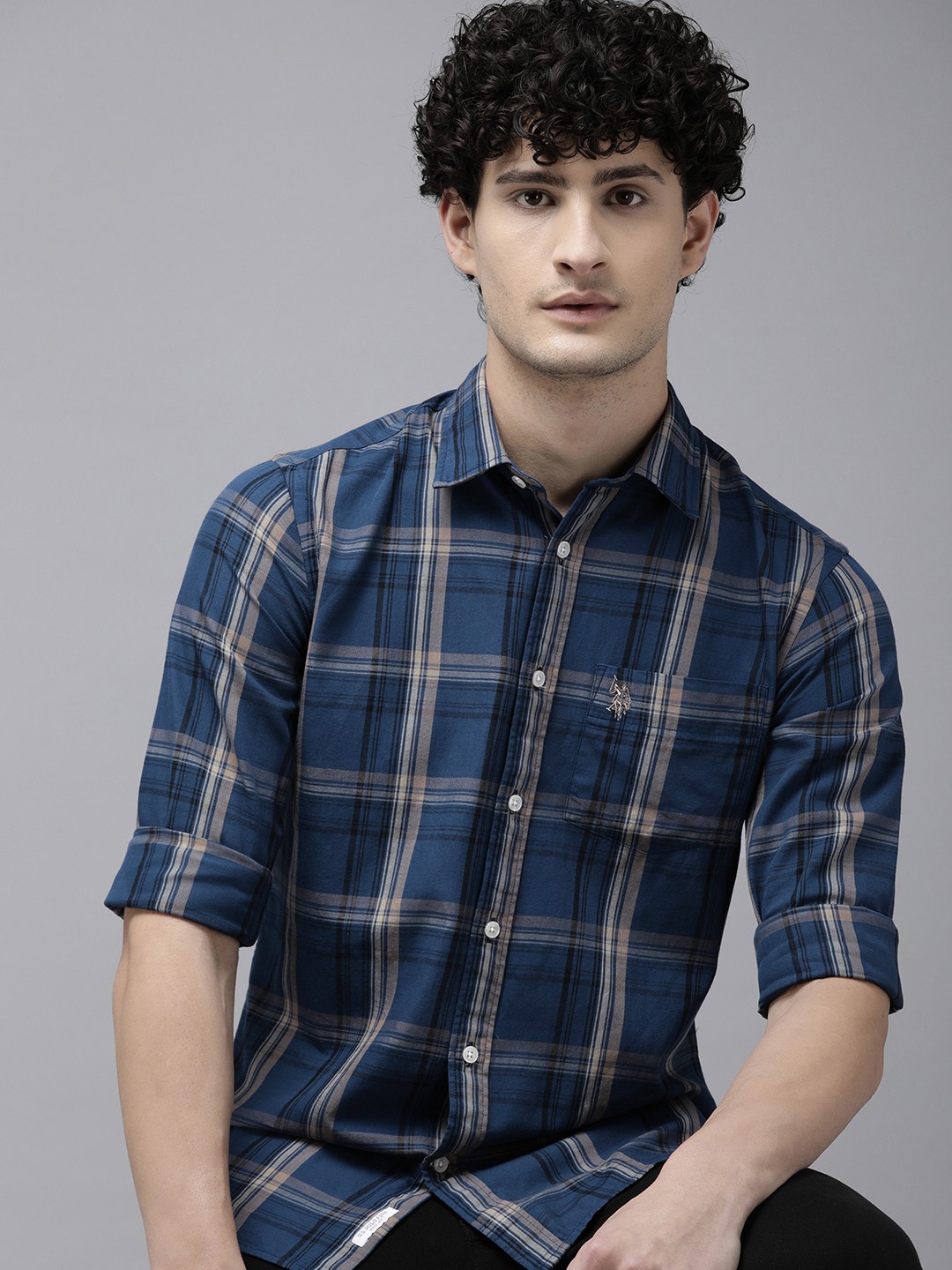 

U.S. Polo Assn. Tailored Fit Tartan Checks Pure Cotton Casual Shirt, Blue