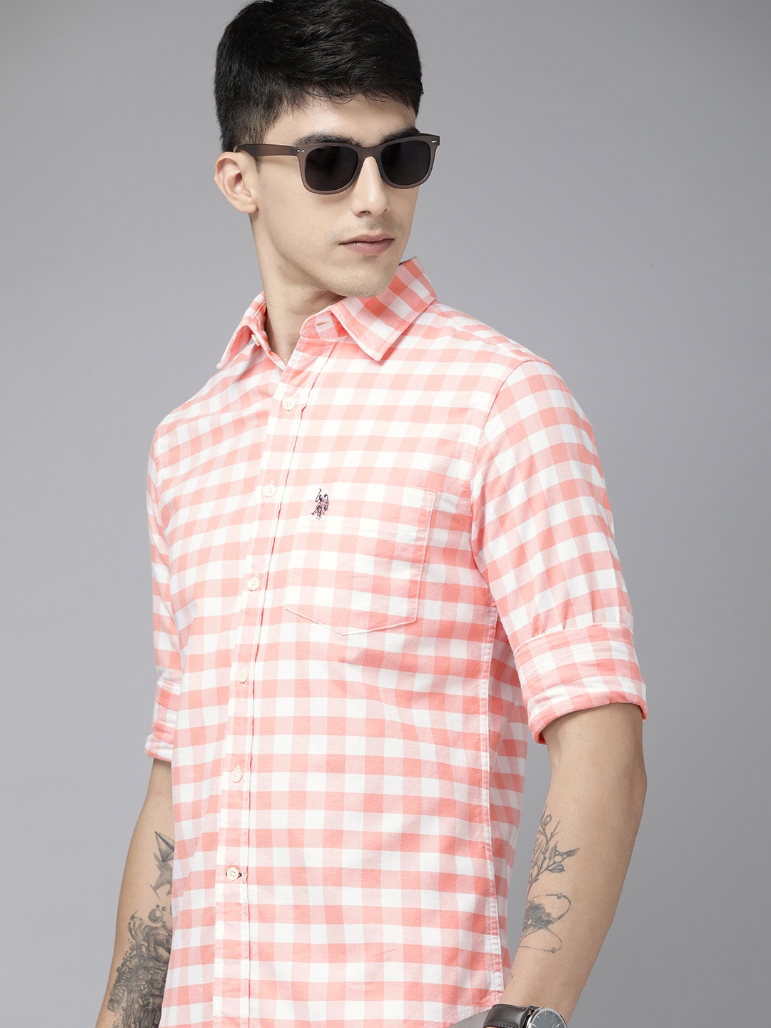 

U.S. Polo Assn. Pure Cotton Tailored Fit Checked Casual Shirt, Peach