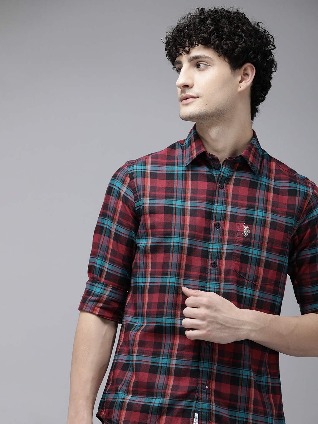 

U.S. Polo Assn. Tailored Fit Checked Pure Cotton Casual Shirt, Maroon