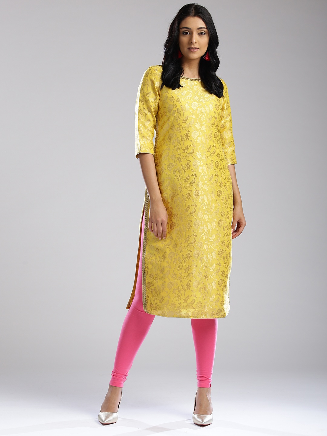

WISHFUL by WWomen Mustard Yellow Woven Design Straight Kurta