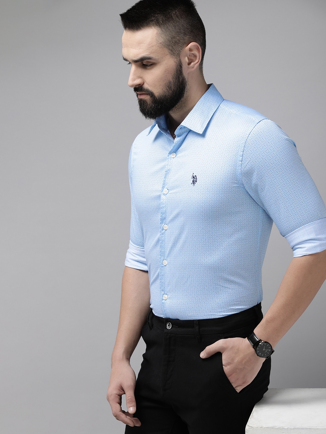 

U.S. Polo Assn. Pure Cotton Micro Ditsy Tailored Fit Semiformal Shirt, Blue
