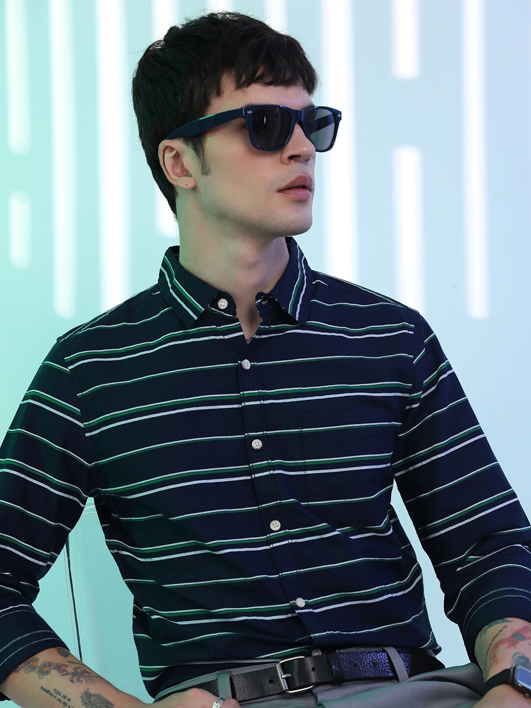 

KETCH Navy Blue Slim Fit Horizontal Striped Cotton Casual Shirt