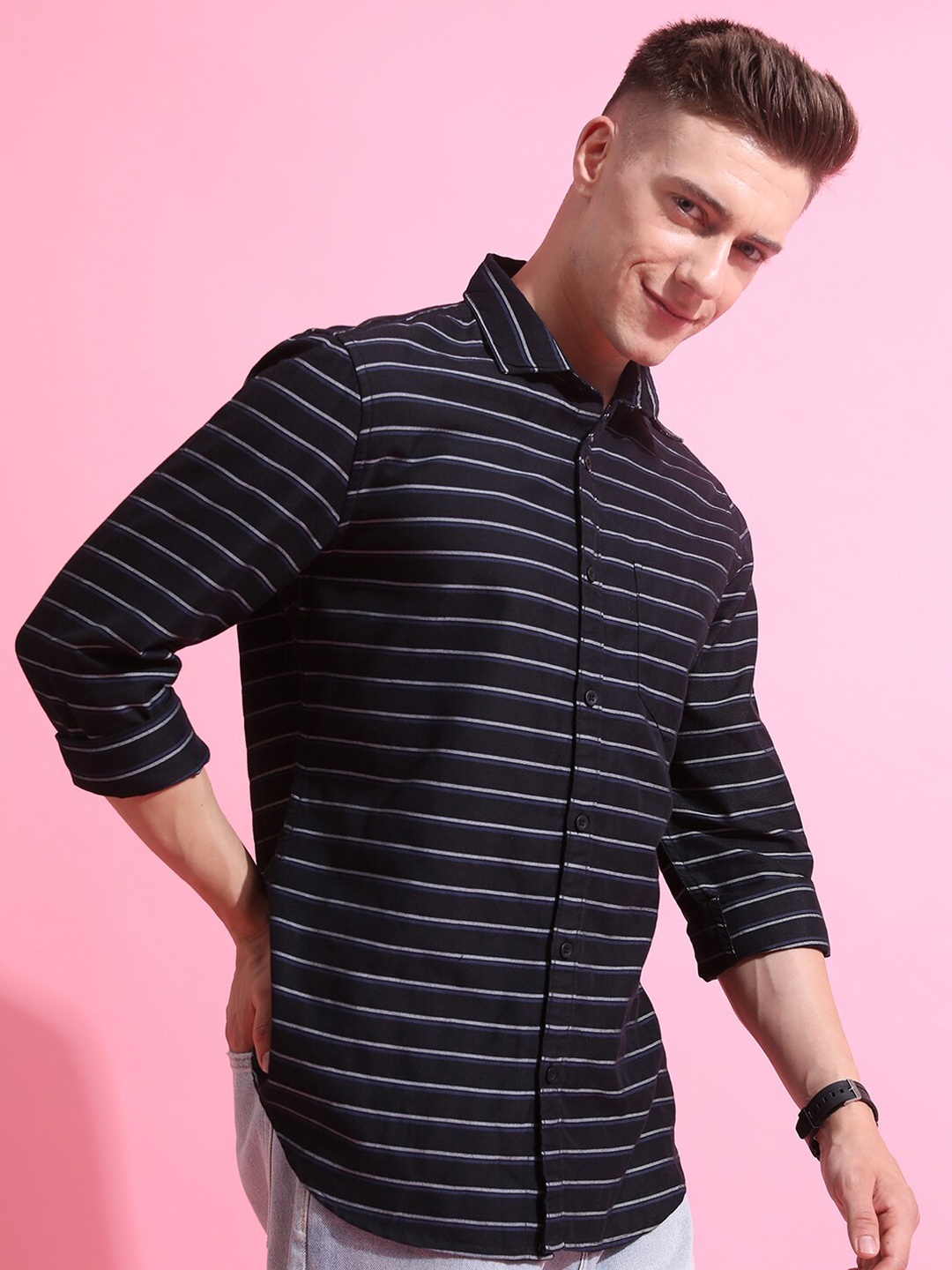 

KETCH Black Slim Fit Horizontal Striped Casual Shirt