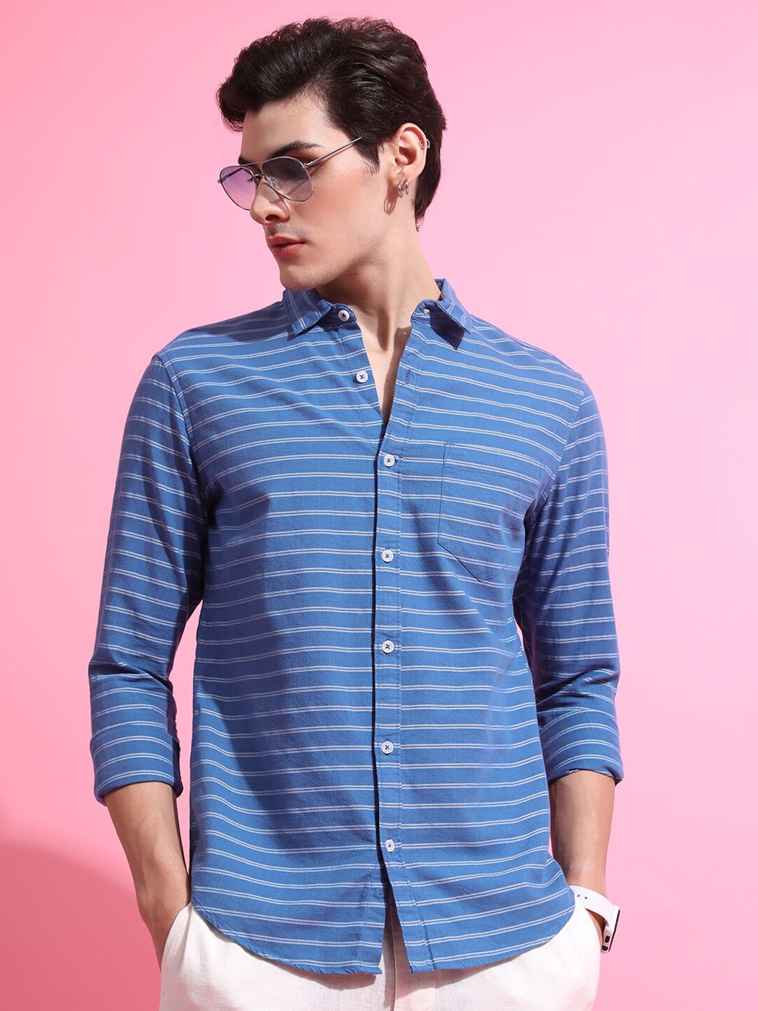 

KETCH Blue Slim Fit Horizontal Striped Casual Shirt