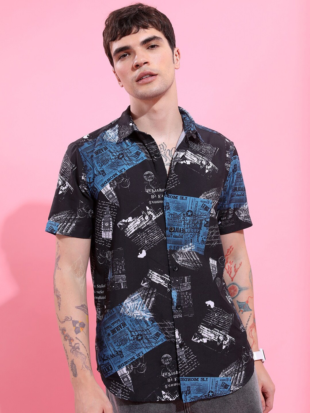 

KETCH Black Slim Fit Typography Printed Casual Shirt