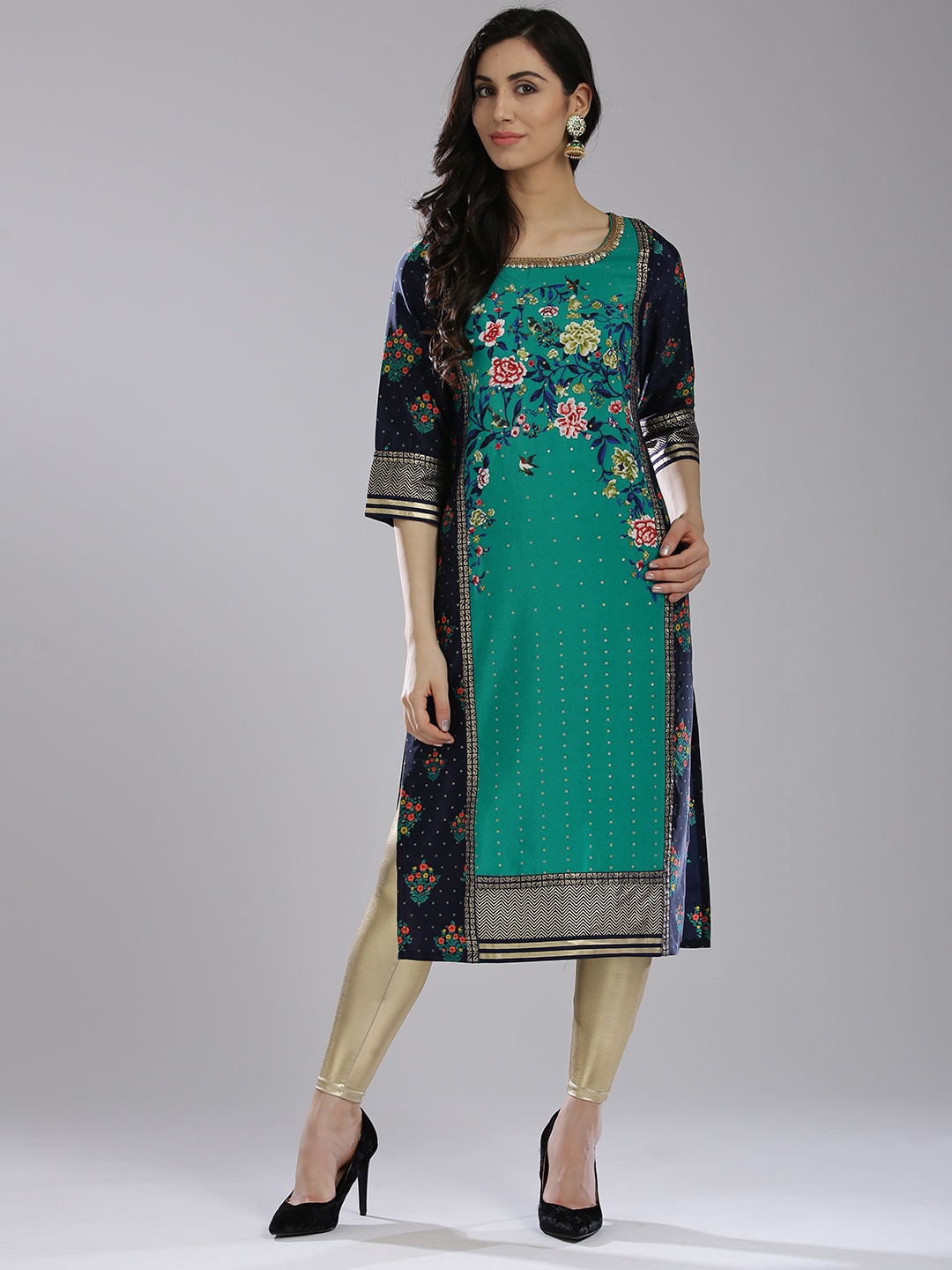 

WISHFUL by W Women Green & Navy Blue Floral Print Straight Kurta