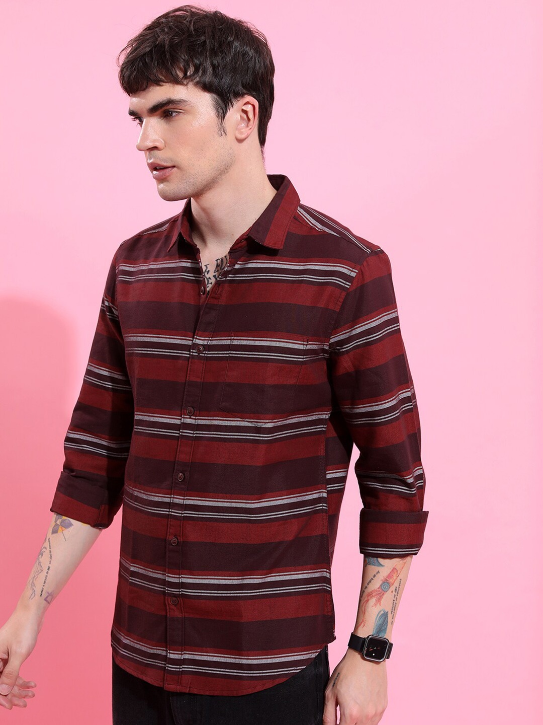 

KETCH Slim Fit Horizontal Stripes Casual Shirt, Maroon