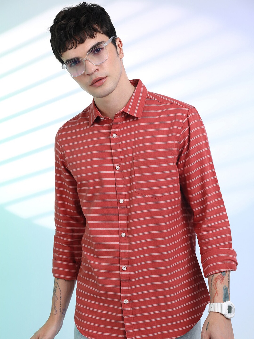 

KETCH Pink Slim Fit Horizontal Stripes Opaque Casual Shirt