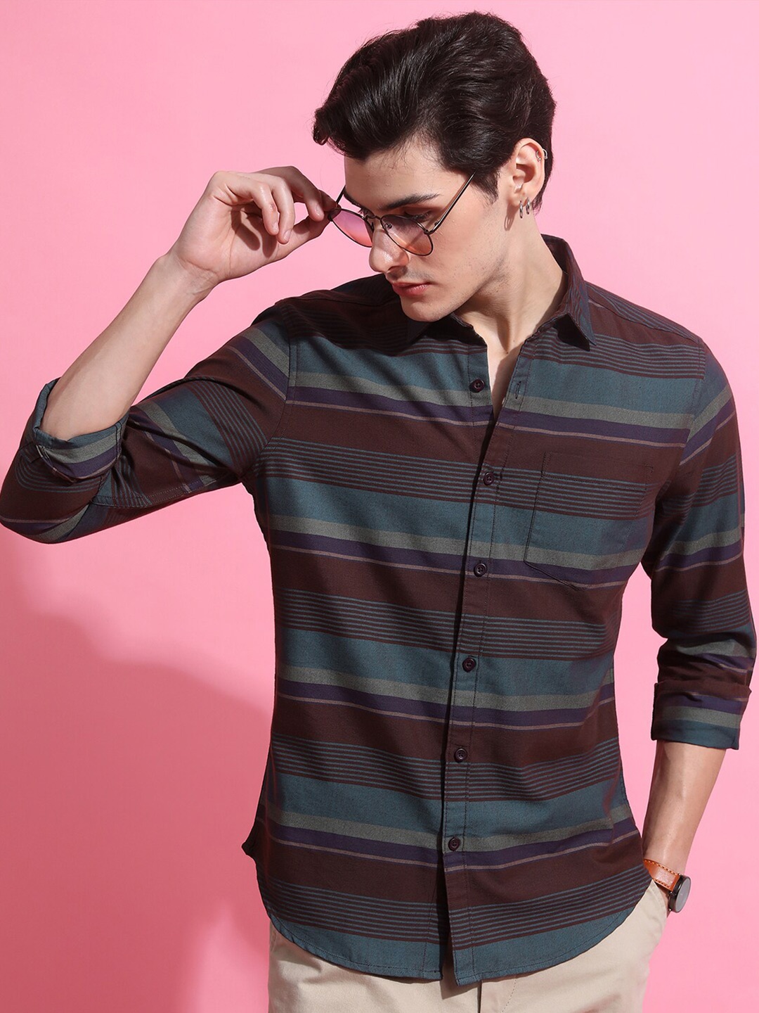 

KETCH Brown Slim Fit Horizontal Striped Opaque Casual Shirt