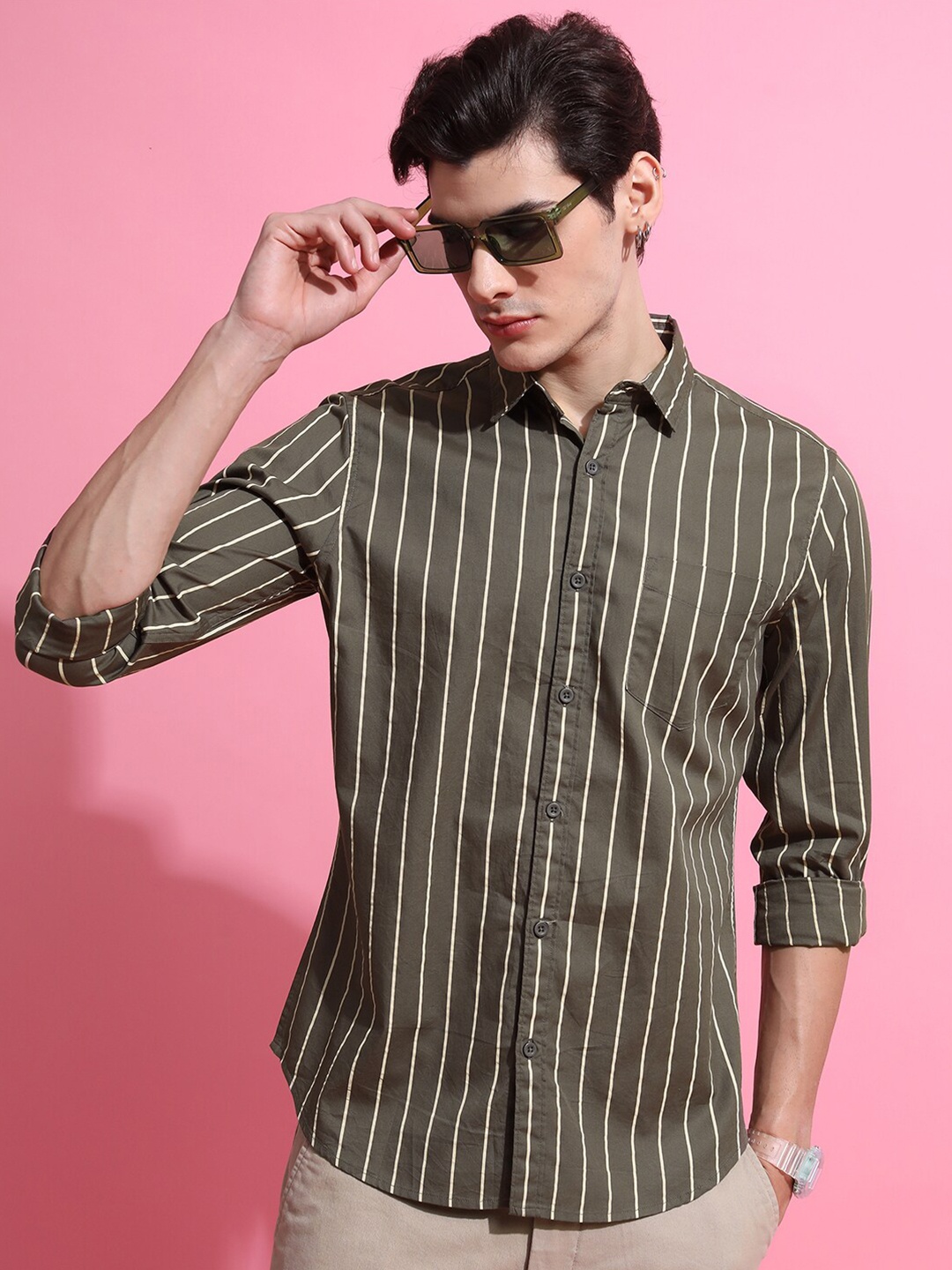 

KETCH Olive Green Slim Fit Vertical Striped Cotton Casual Shirt