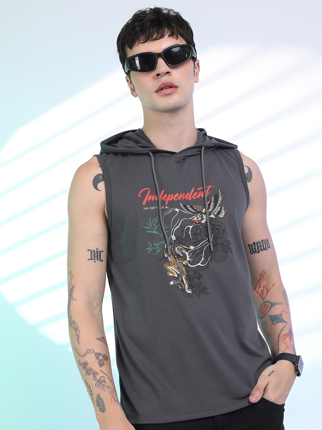 

KETCH Charcoal Graphic Printed Hood Neck Sleeveless Relaxed Fit T-shirt
