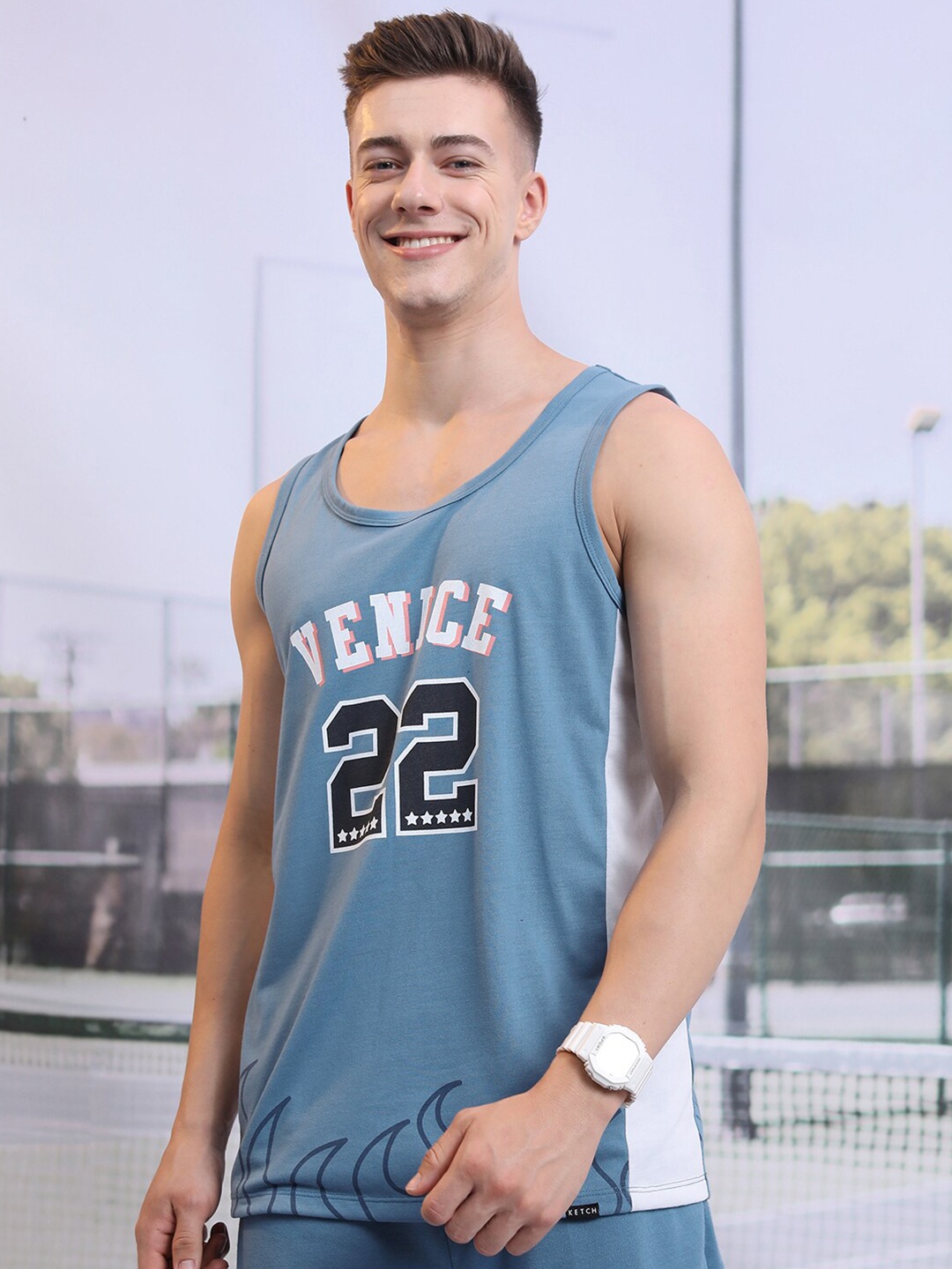 

KETCH Typography Printed Round Neck Sleeveless Casual Tank T-Shirt, Blue