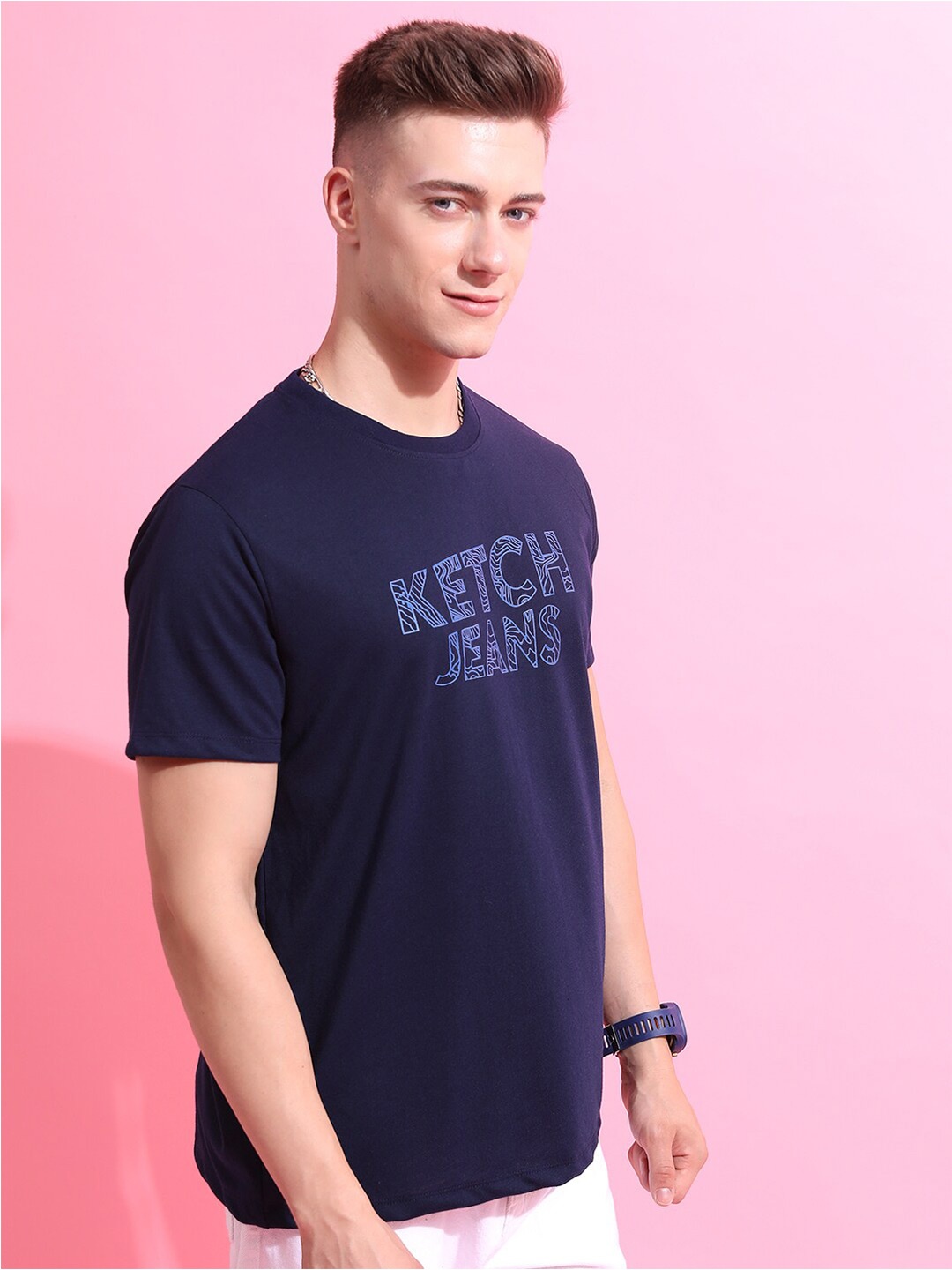 

KETCH Black Typography Printed Round Neck Relaxed Fit Casual T-Shirt, Navy blue