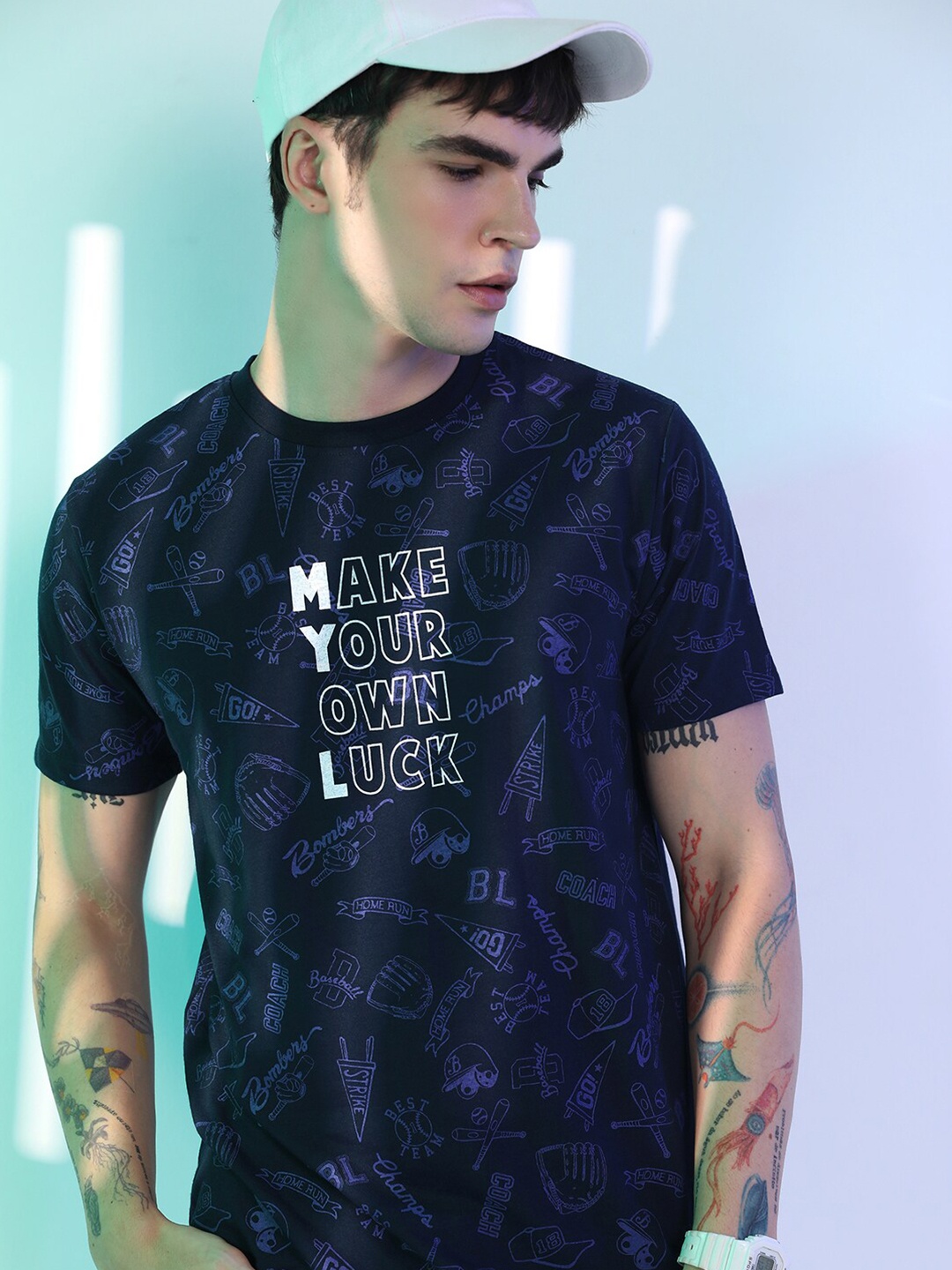 

KETCH Navy Blue Typography Printed Pockets T-shirt
