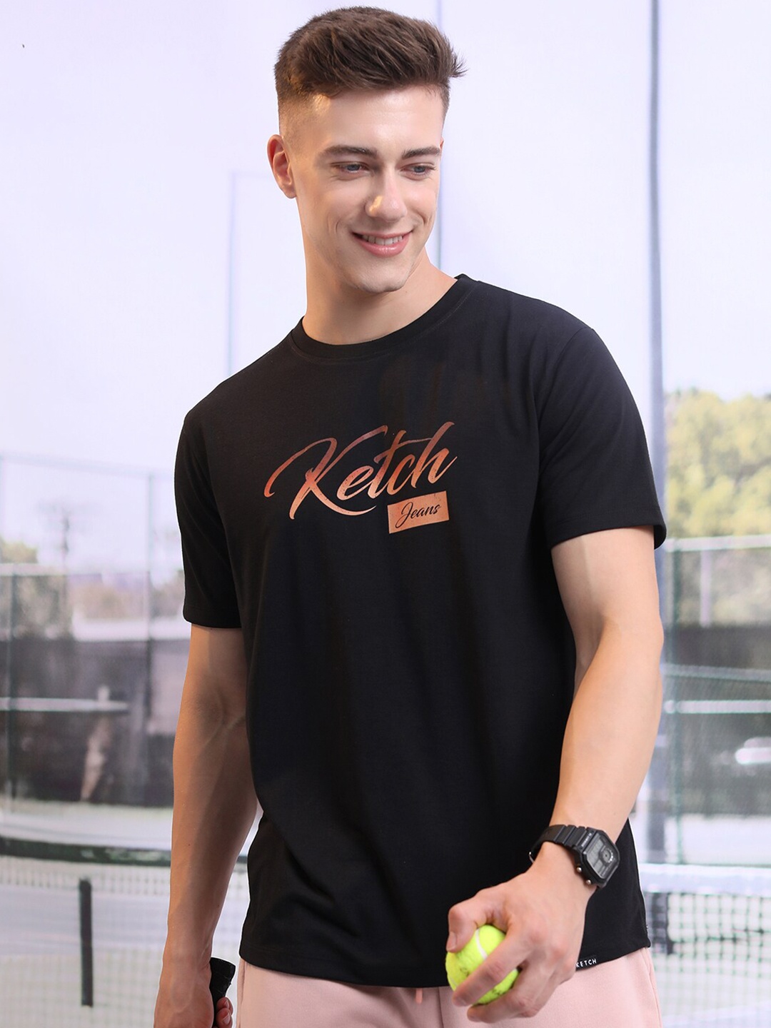 KETCH Men Black Typography Printed Relaxed Fit T-shirt