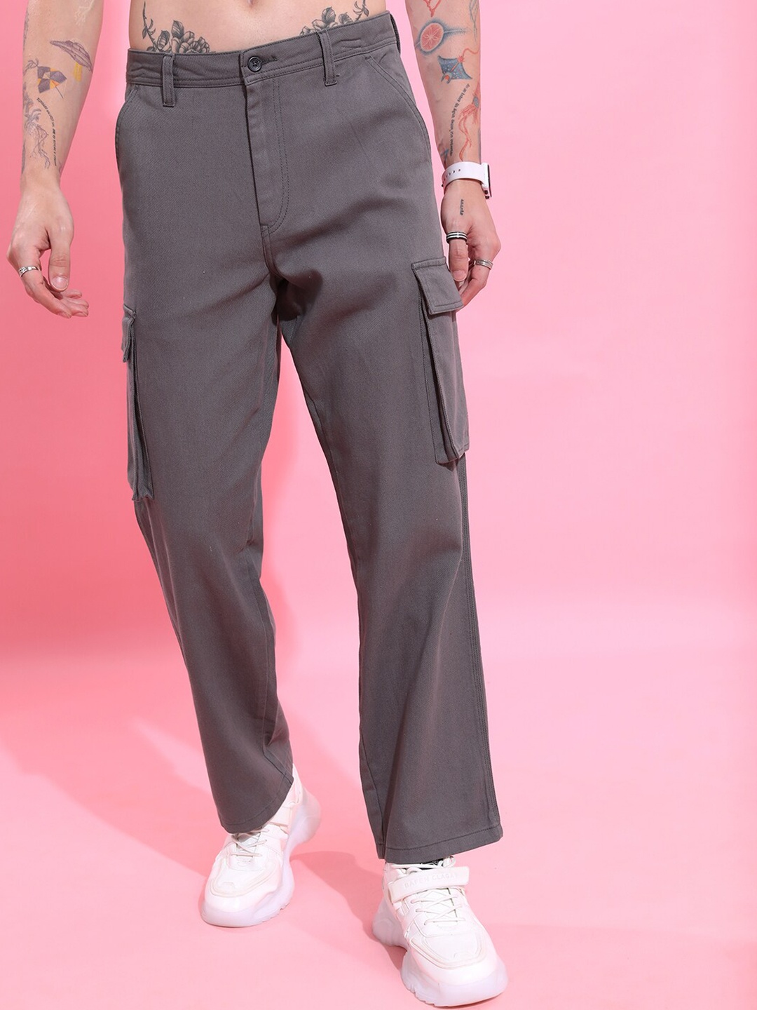 

HIGHLANDER Men Straight Fit Cotton Cargo Trousers, Grey