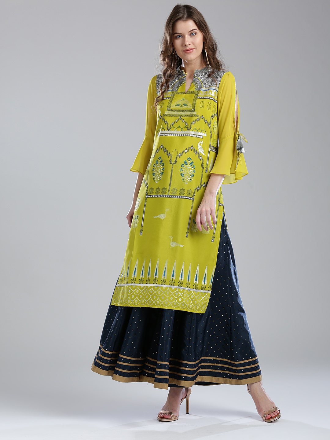 

W Women Lime Green Printed Straight Kurta