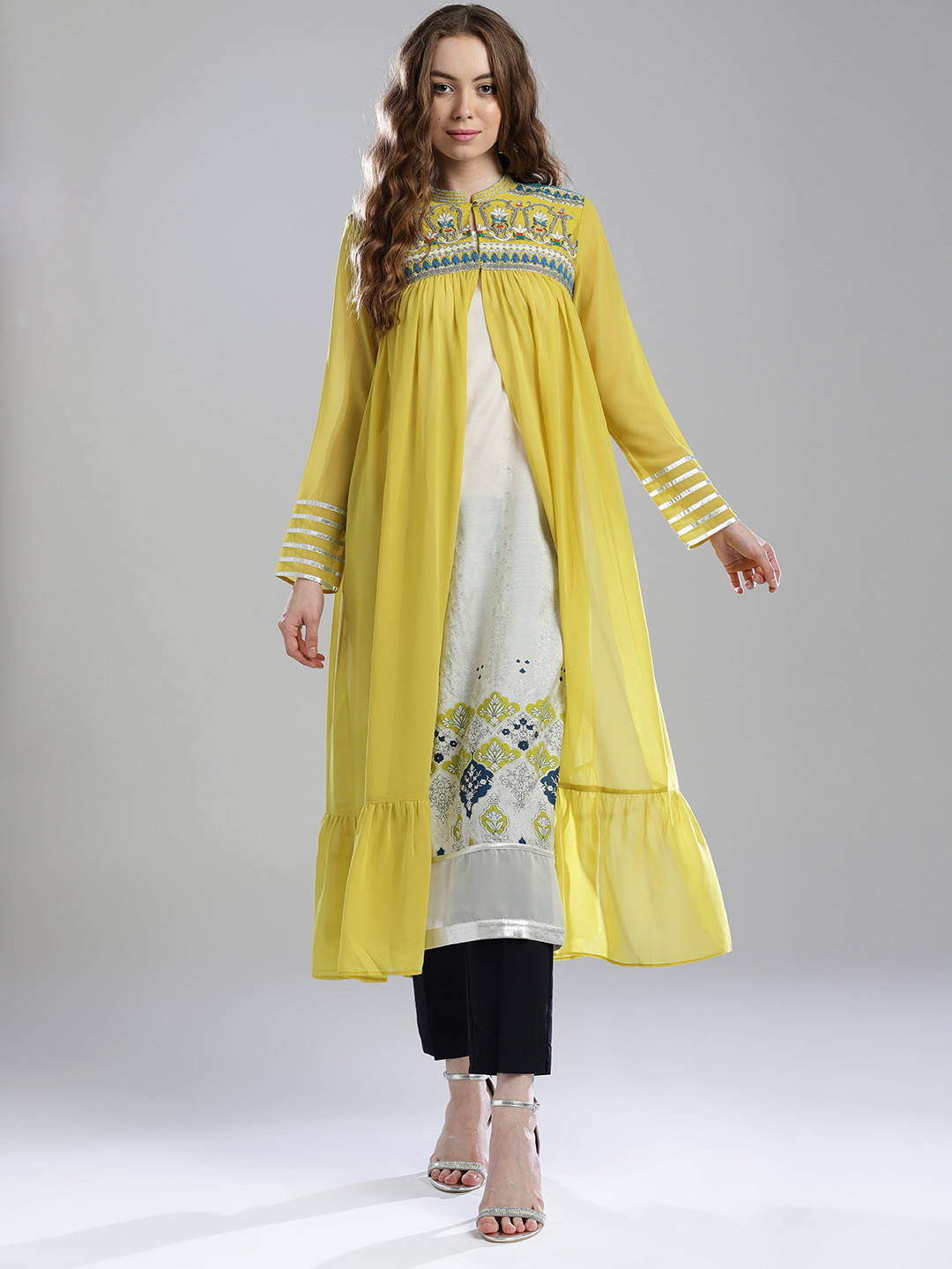 

WISHFUL by W Women White & Lime Green Printed Layered Straight Kurta