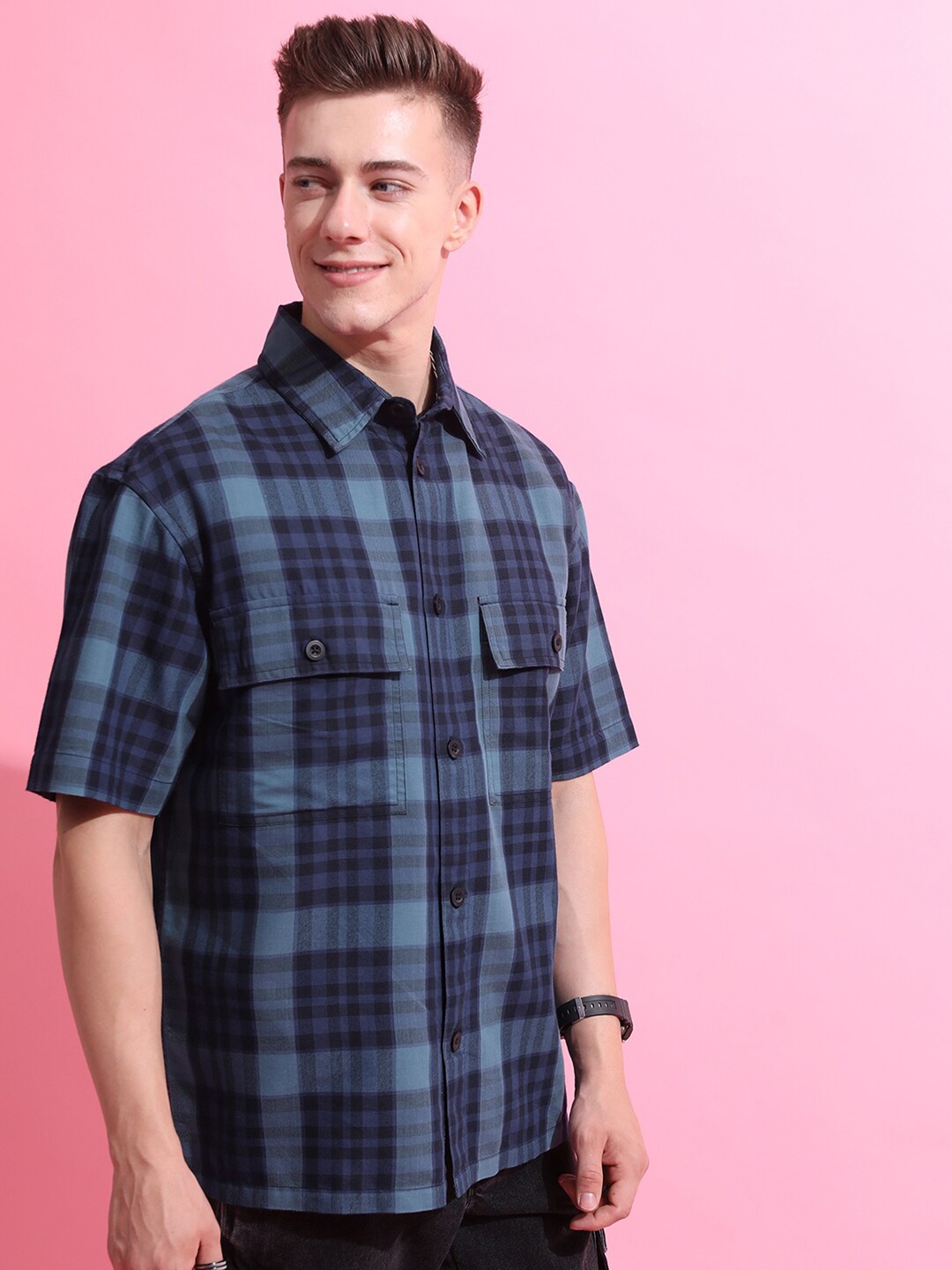 

HIGHLANDER Men Windowpane Checked Drop-Shoulder Oversized Shirt, Teal
