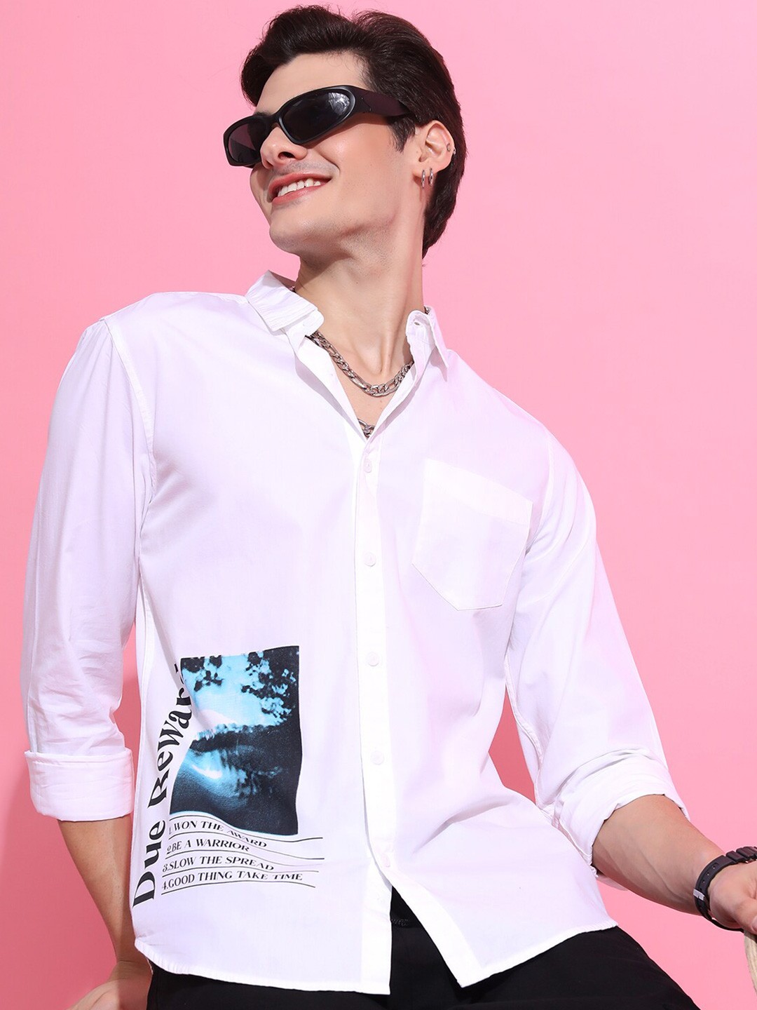 

HIGHLANDER Slim Fit Graphic Printed Cotton Shirt, White