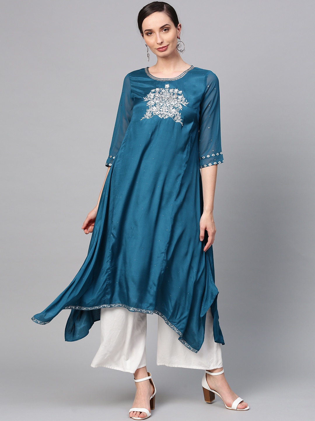 

WISHFUL by W Women Teal Blue Printed A-Line Kurta
