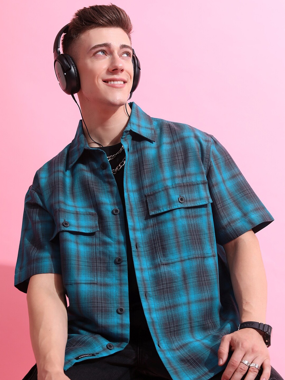 

HIGHLANDER Oversized Checked Casual Shirt, Blue