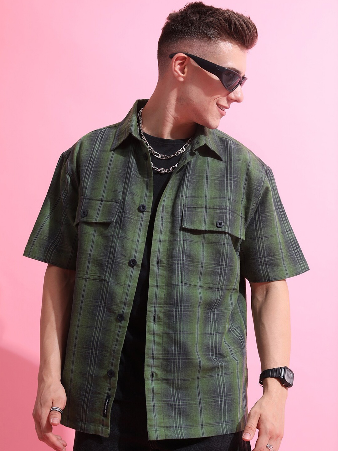 

HIGHLANDER Men Tartan Checks Oversized Cotton Drop Shoulder Oversized Shirt, Olive