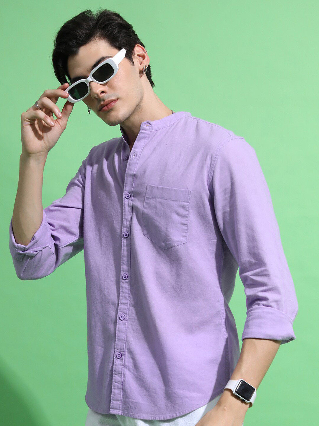 

HIGHLANDER Slim Fit Band Collar Casual Cotton Linen Shirt, Lavender