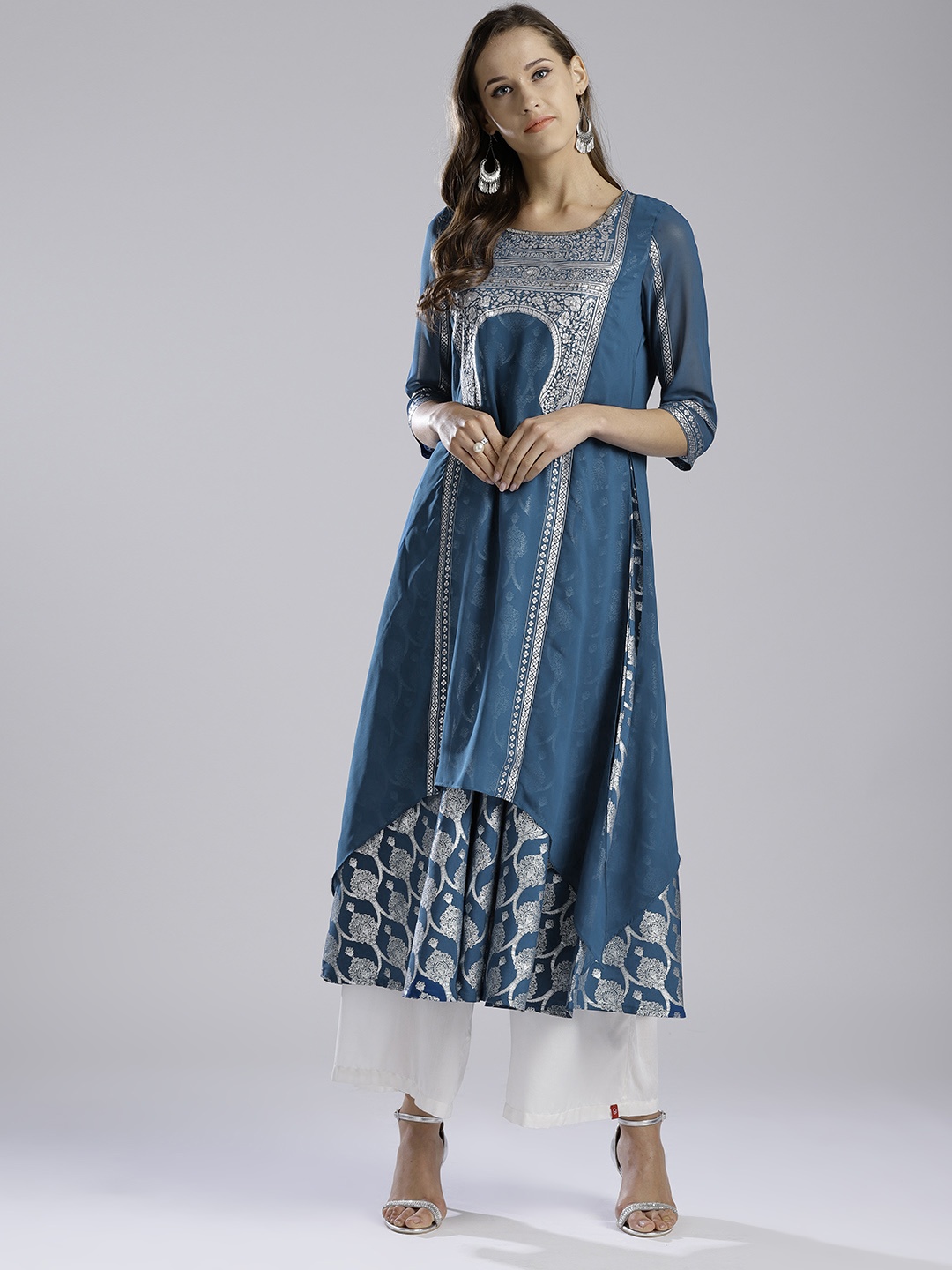 

WISHFUL by WWomen Teal Blue & Silver Printed Layered A-Line Kurta