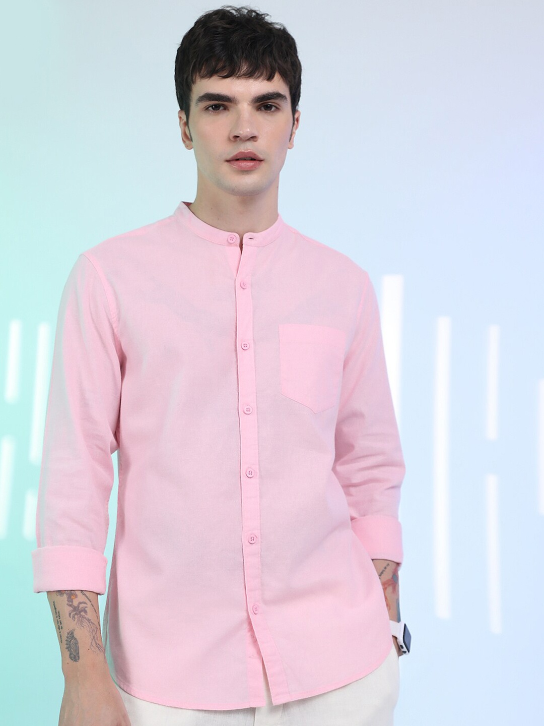 

HIGHLANDER Slim Fit Band Collar Casual Cotton Linen Shirt, Pink